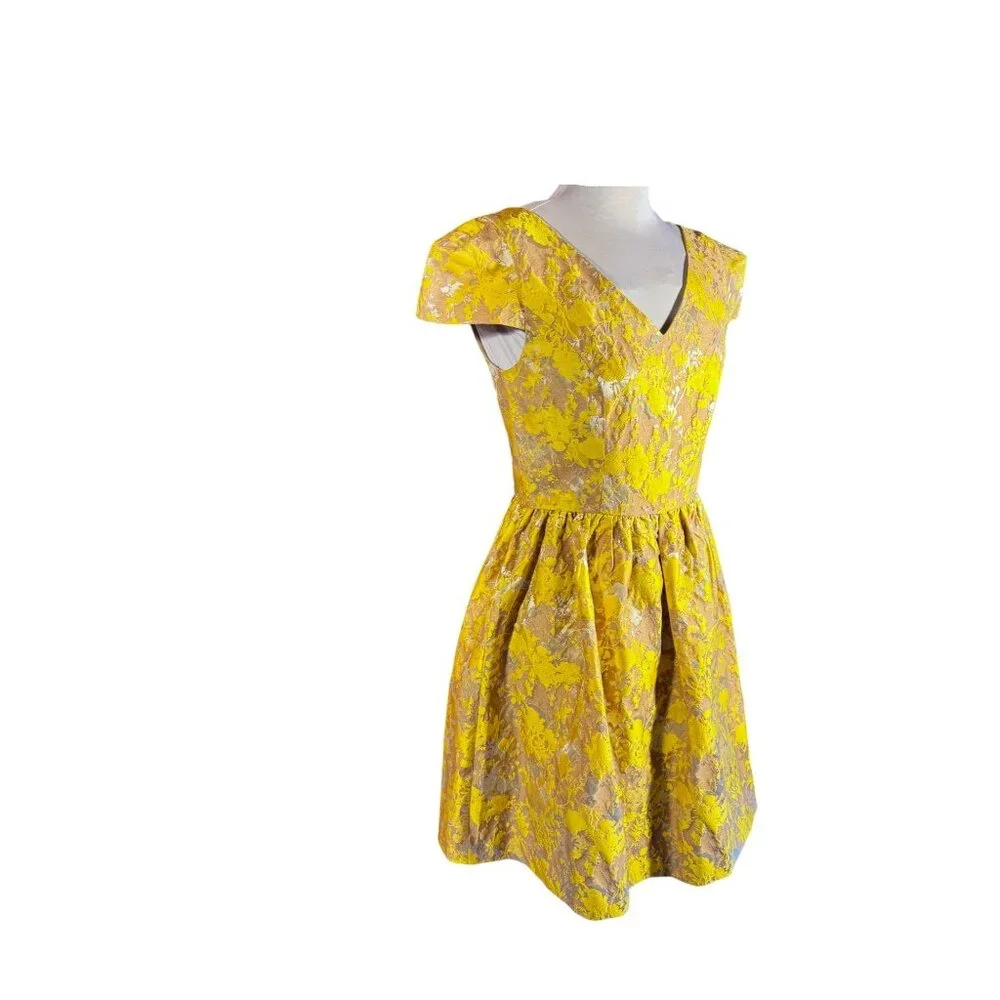 Yellow & Silver Floral Cap Sleeve Dress By Minuet S V-Neck Back Zipper - Picture 7 of 9